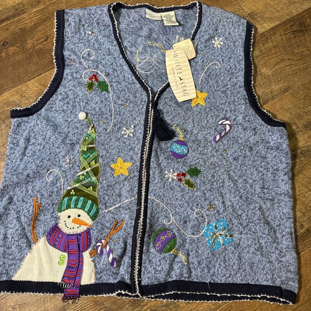 White Stag Snowman Sweater Vest Christmas Full Zip Holiday Women's Size 22w/24w